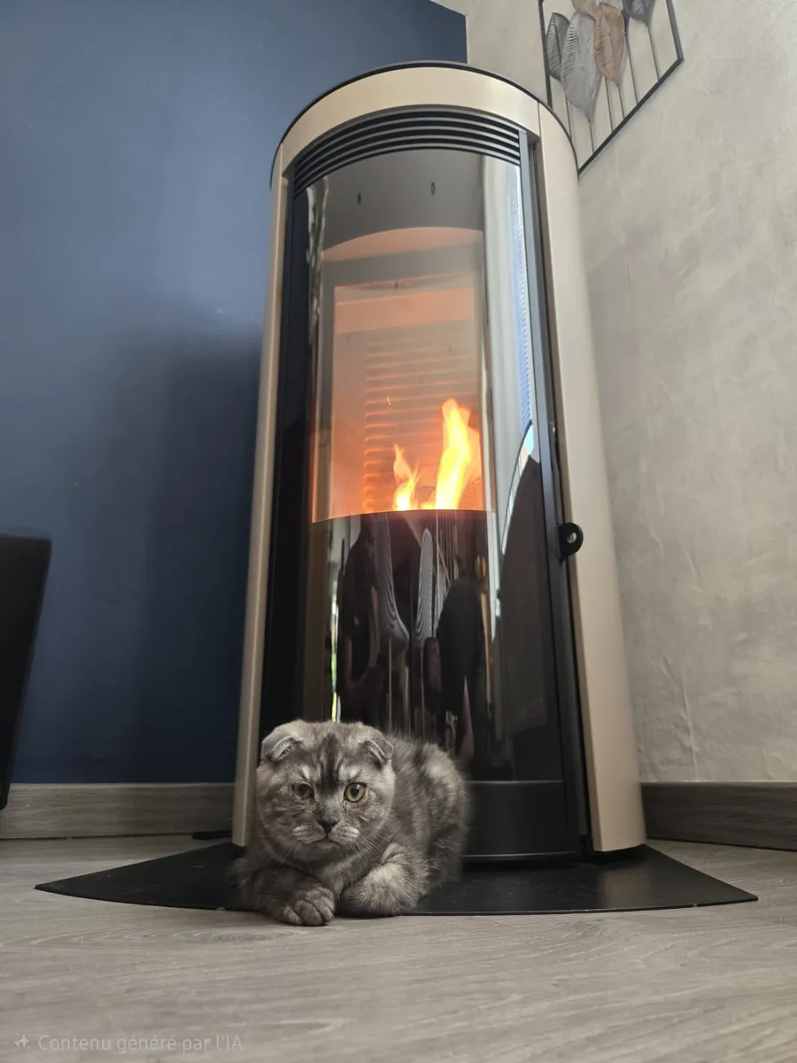 Poêle à granulés CMG Avalon 6kW habillage Radius beige – La Claquette Installation poele a granules CMG Avalon 6kW habillage Radius beige a La Claquette avec chat devant la flamme